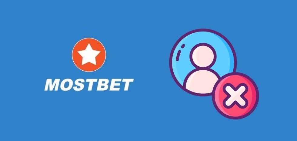 Grafika przedstawiająca instrukcję, jak usunąć konto MostBet — niebieskie tło, logo MostBet, ikony profilu użytkownika i symbol usuwania konta.
