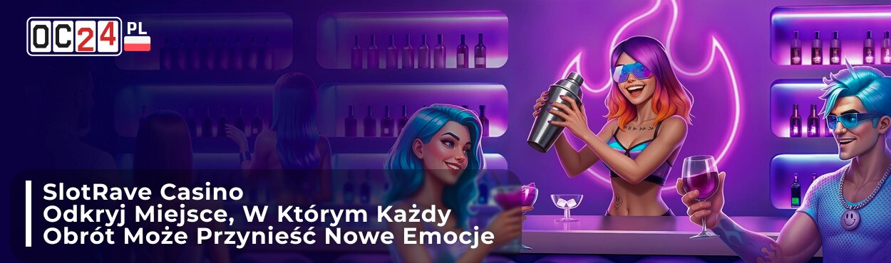 Ekran startowy SlotRave Casino z paczką powitalną na cztery pierwsze depozyty